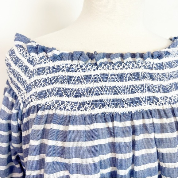 JORDANN BLUE WHITE STRIPE OFF SHOULDER SMOCKED BLOUSE WOMENS SZ MEDIUM - Picture 3 of 7